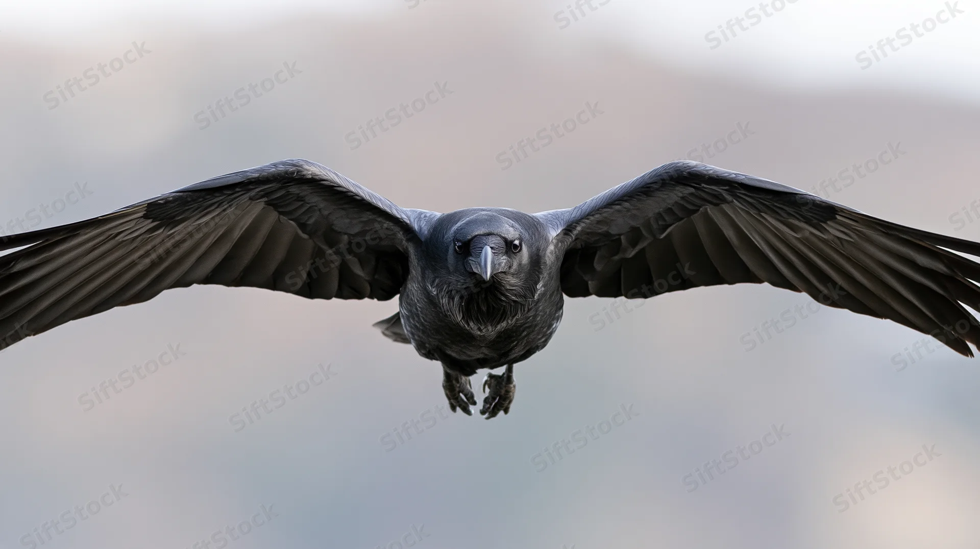 Raven in mid-flight with wings spread wide facing the camera