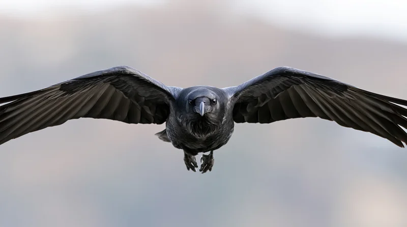 Raven in mid-flight with wings spread wide facing the camera