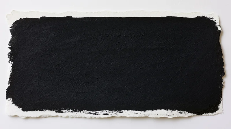 Black ink wash painted on white paper with textured edges