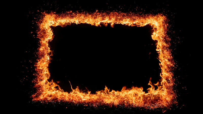 Rectangular frame of burning fire and glowing embers on black background