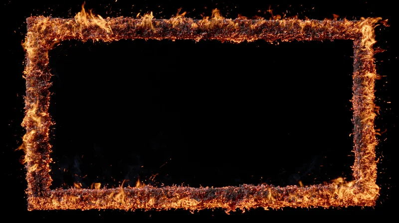 Rectangular frame of burning fire and glowing embers on black background