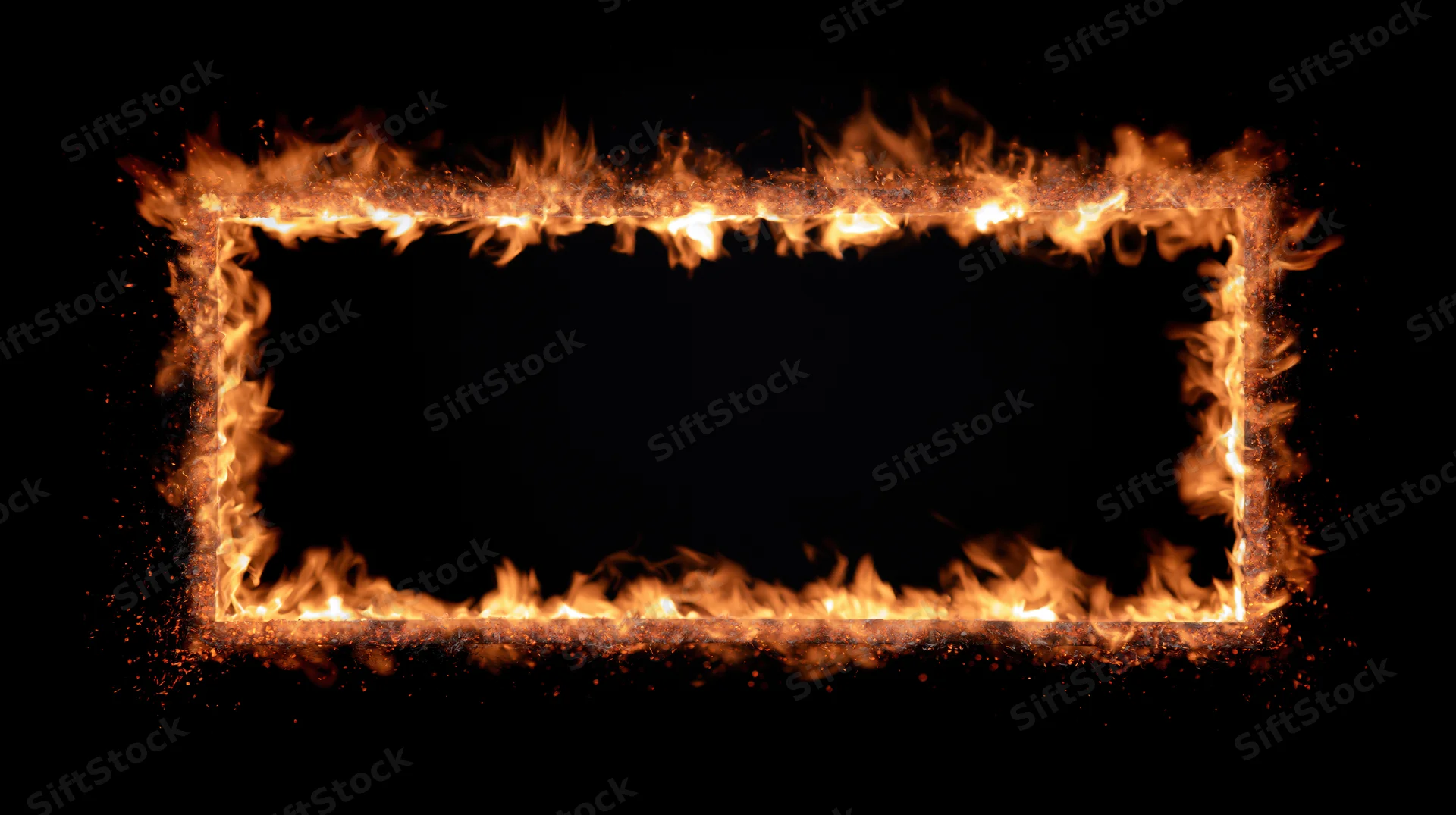 Rectangular frame of burning flames forming a border against a dark background with copyspace