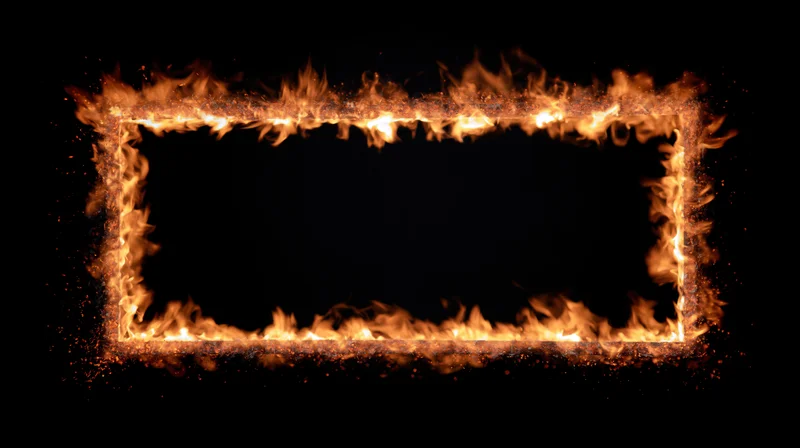 Rectangular frame of burning flames forming a border against a dark background with copyspace