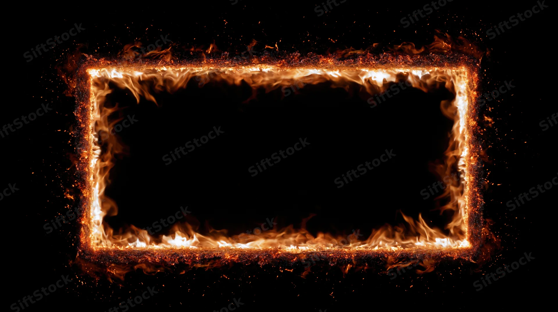 Rectangular frame of burning flames forming a glowing border on black background