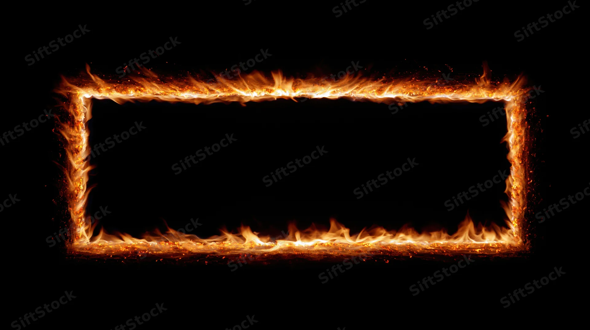 Rectangular frame of burning fire forming a glowing border on black background