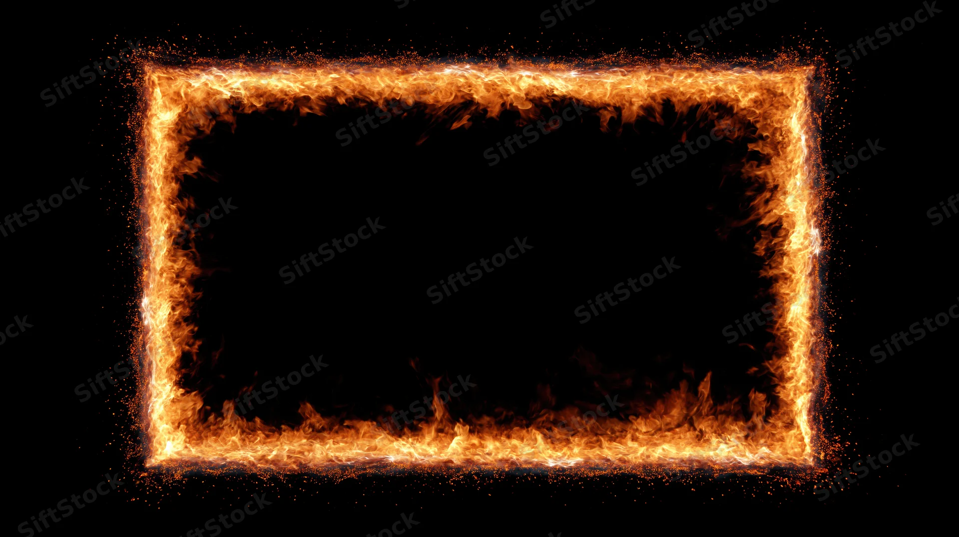 Rectangular frame of burning fire forming a glowing border on black background with copyspace
