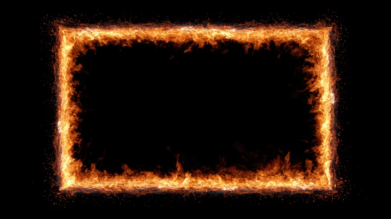 Rectangular frame of burning fire forming a glowing border on black background with copyspace