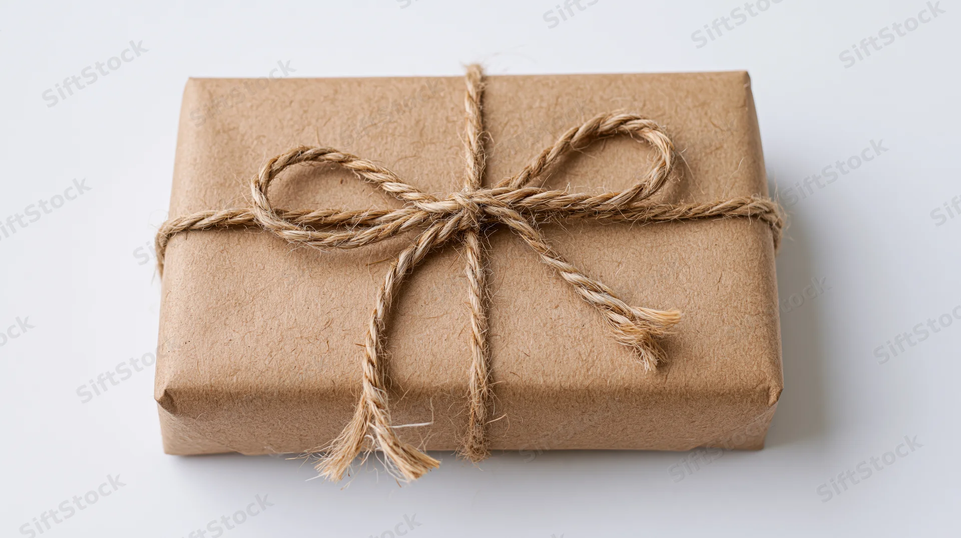 Rectangular gift wrapped in brown kraft paper tied with twine bow on white surface