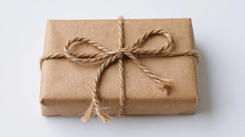 Rectangular gift wrapped in brown kraft paper tied with twine bow on white surface