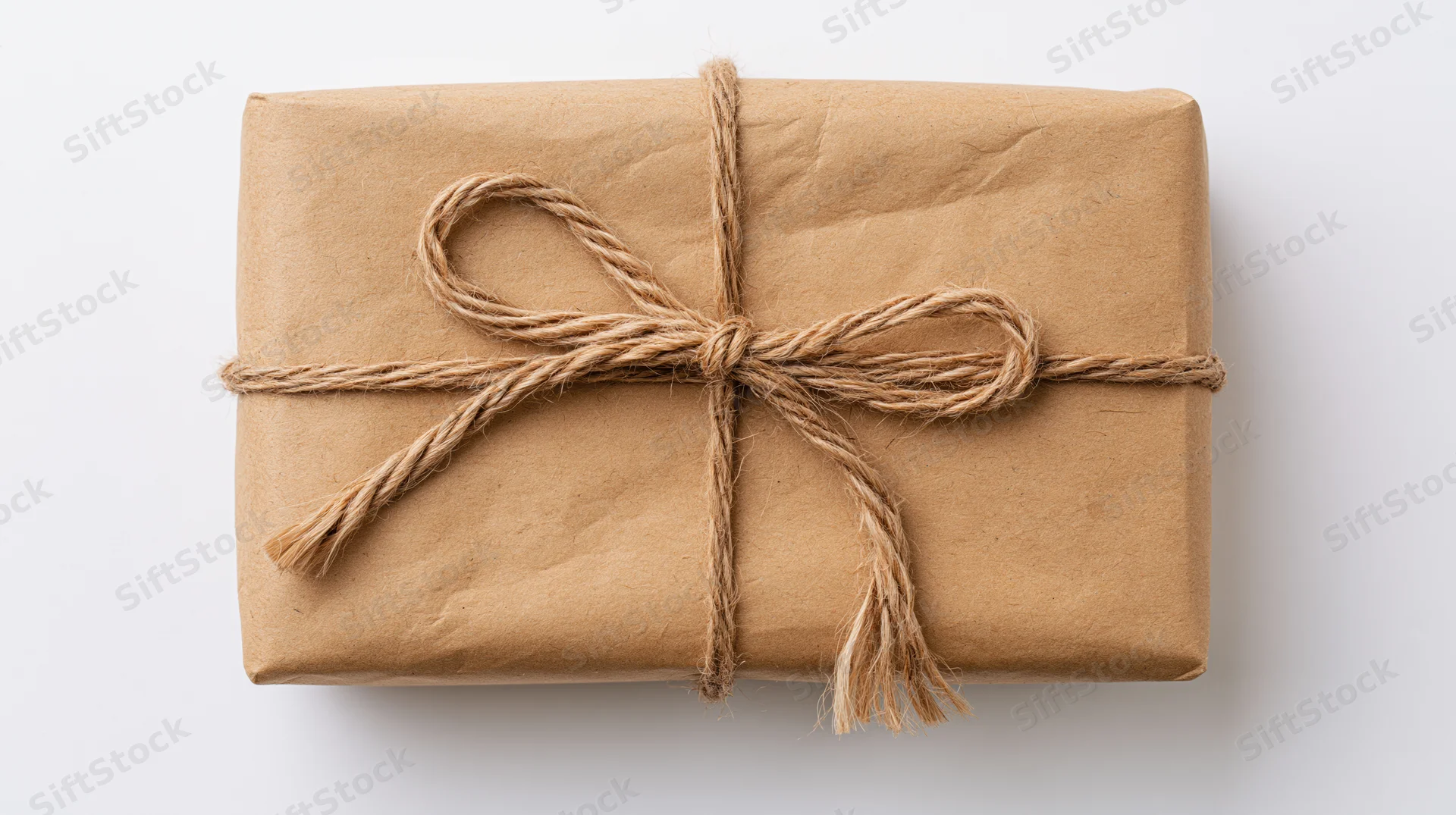 Rectangular gift wrapped in brown kraft paper tied with twine bow on white background