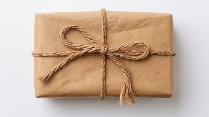 Rectangular gift wrapped in brown kraft paper tied with twine bow on white background