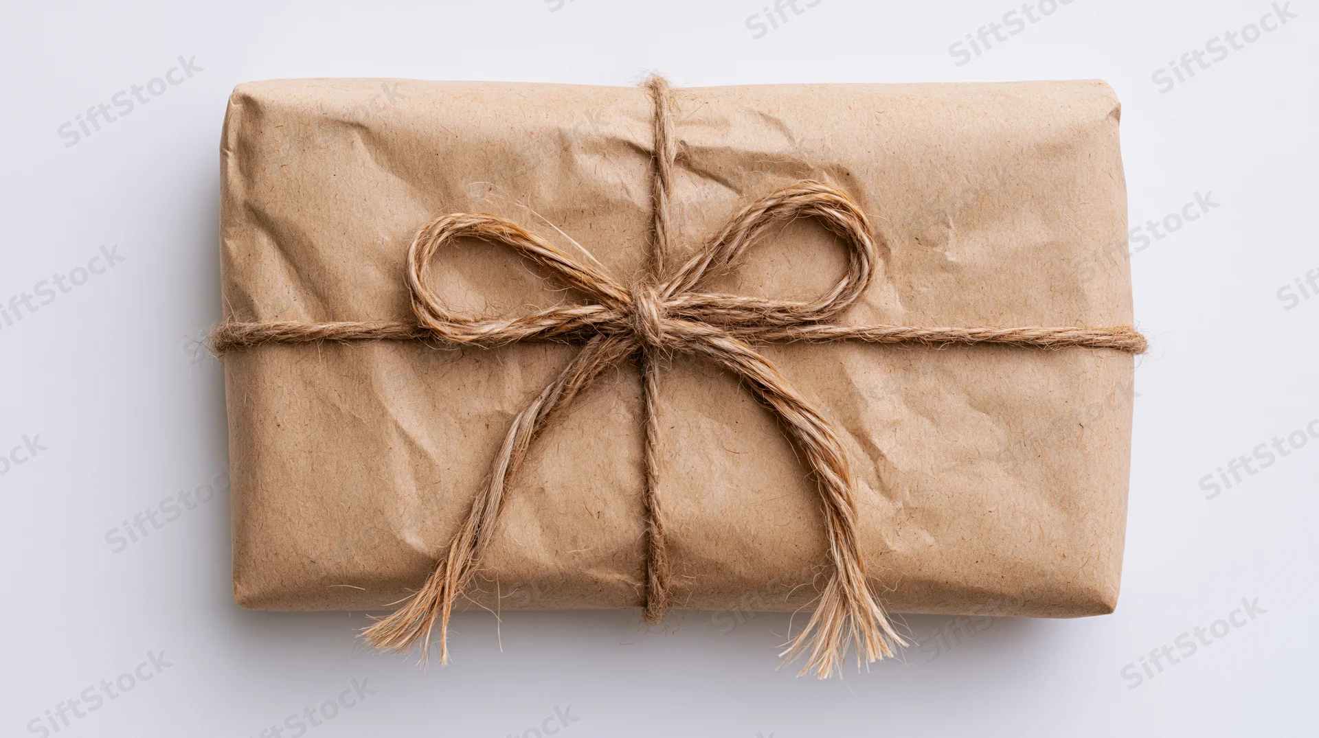 Rectangular gift wrapped in brown kraft paper with twine bow on white background