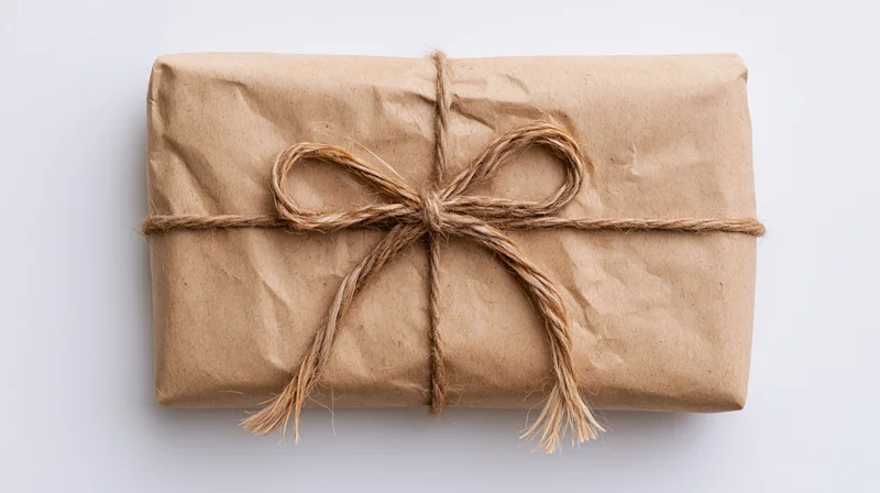 Rectangular gift wrapped in brown kraft paper with twine bow on white background