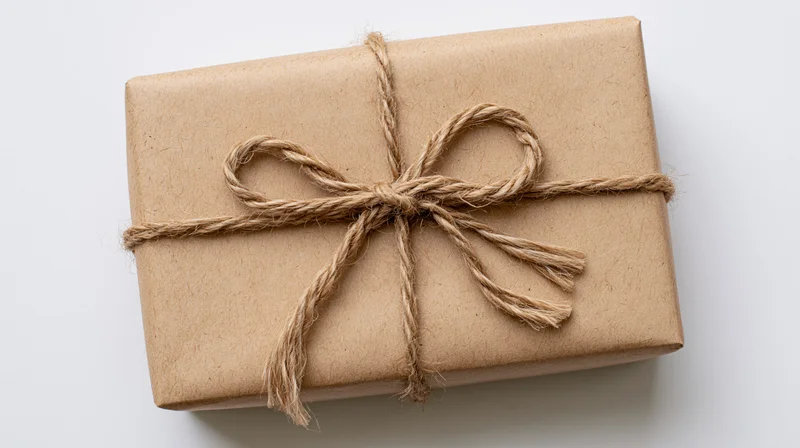 Rectangular gift wrapped in brown kraft paper with twine bow on white surface
