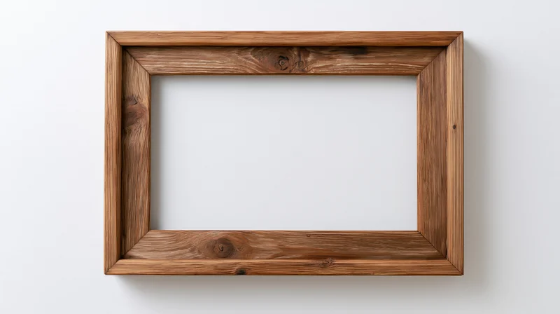 Wooden picture frame hanging on white wall with empty center
