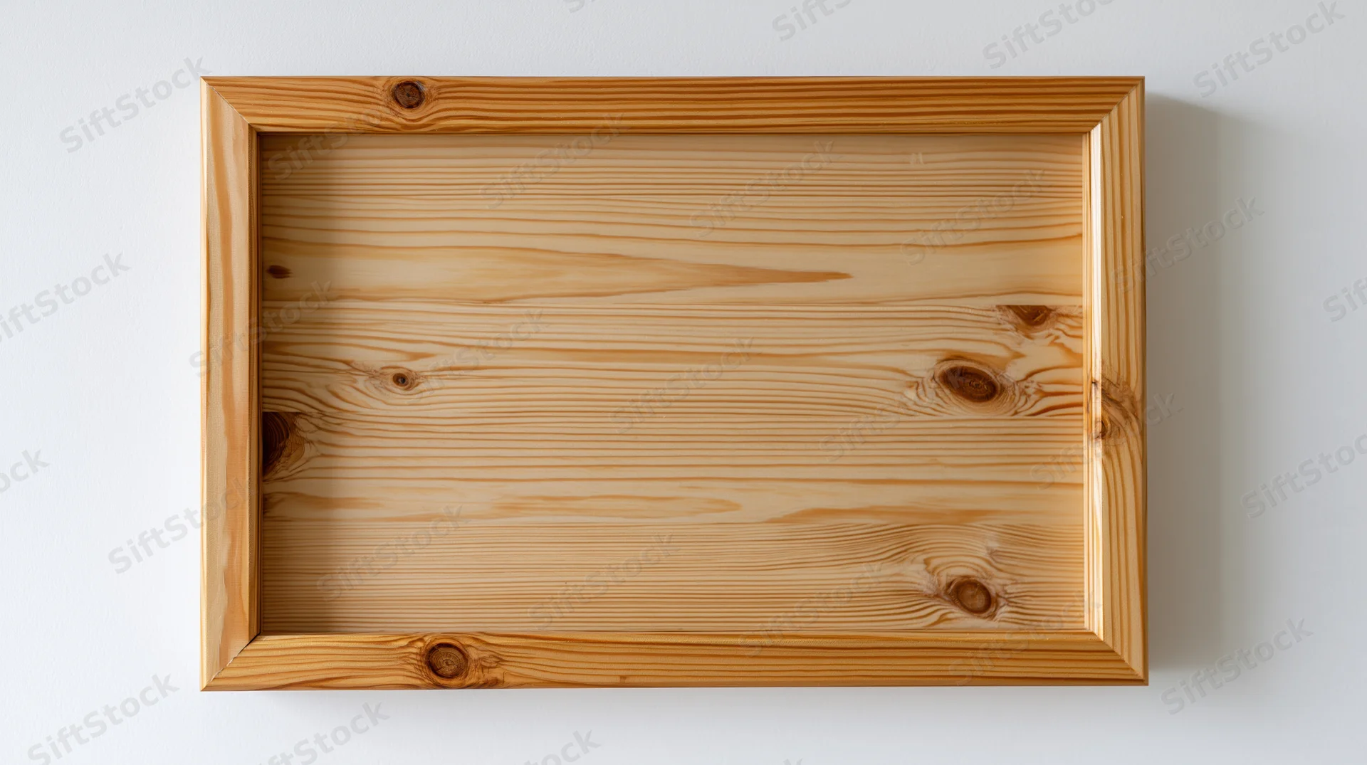 Rectangular wooden picture frame with visible grain and knots hanging on a white wall
