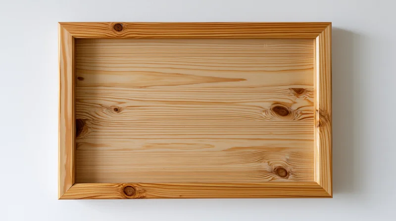 Rectangular wooden picture frame with visible grain and knots hanging on a white wall