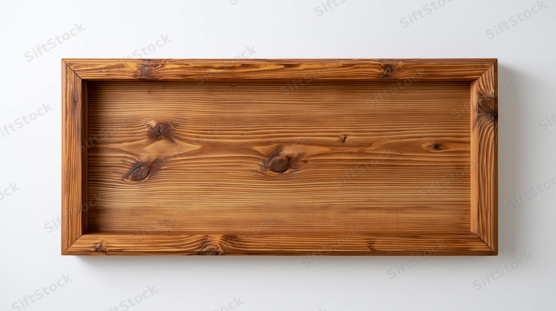 Rectangular wooden picture frame with visible grain and knots on white background