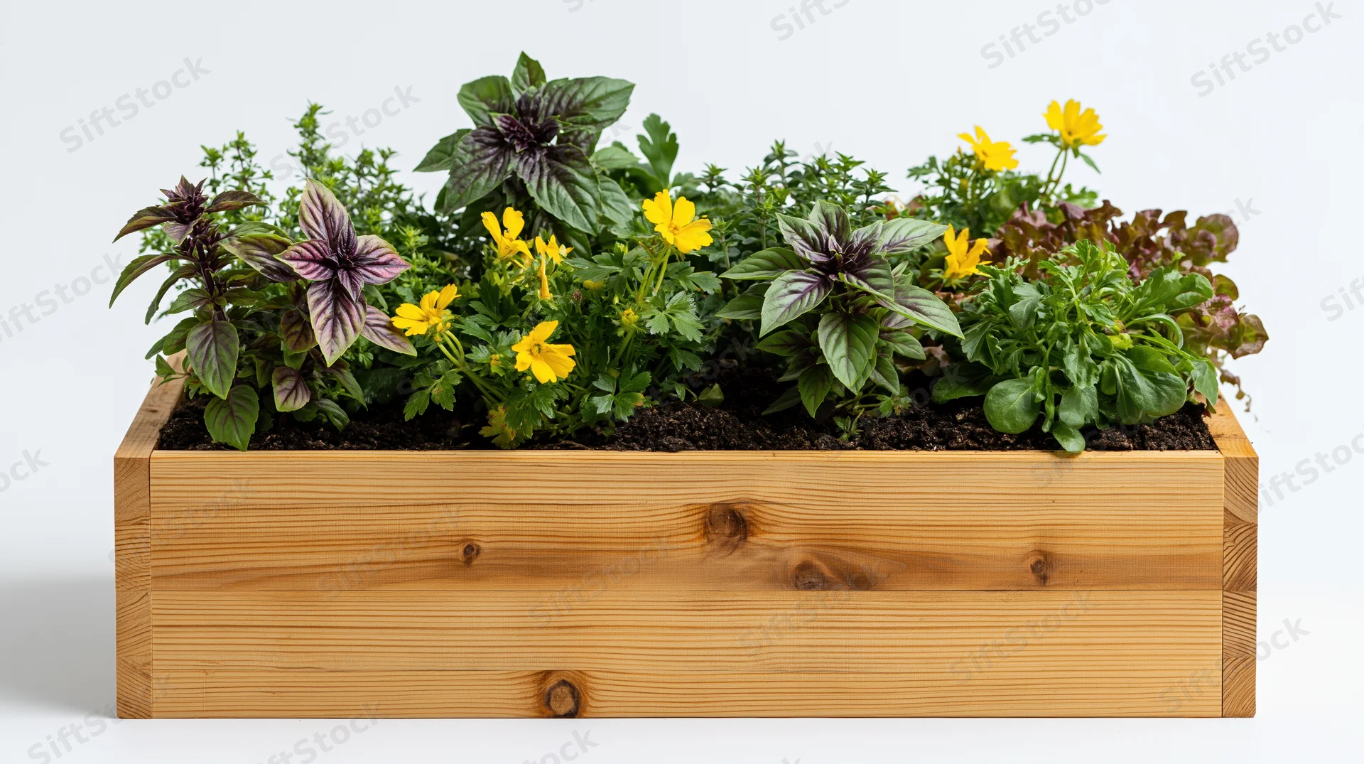 Rectangular wooden raised garden planter box filled with herbs and flowers on white background