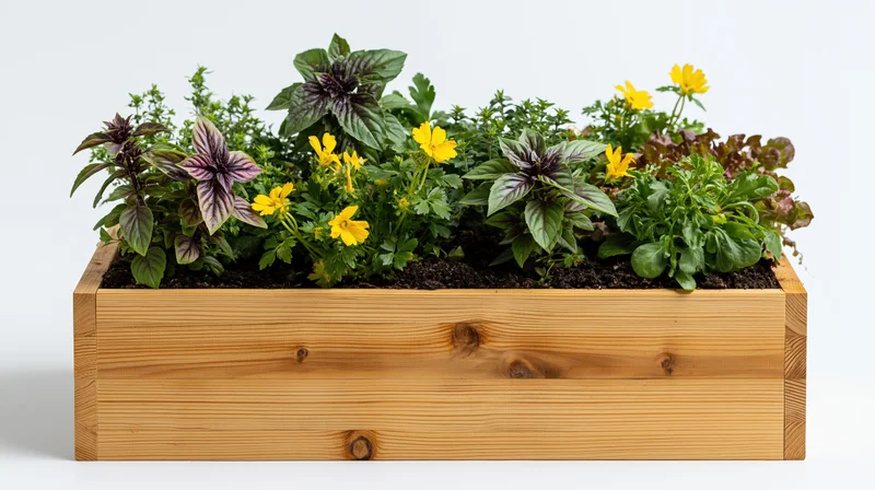 Rectangular wooden raised garden planter box filled with herbs and flowers on white background