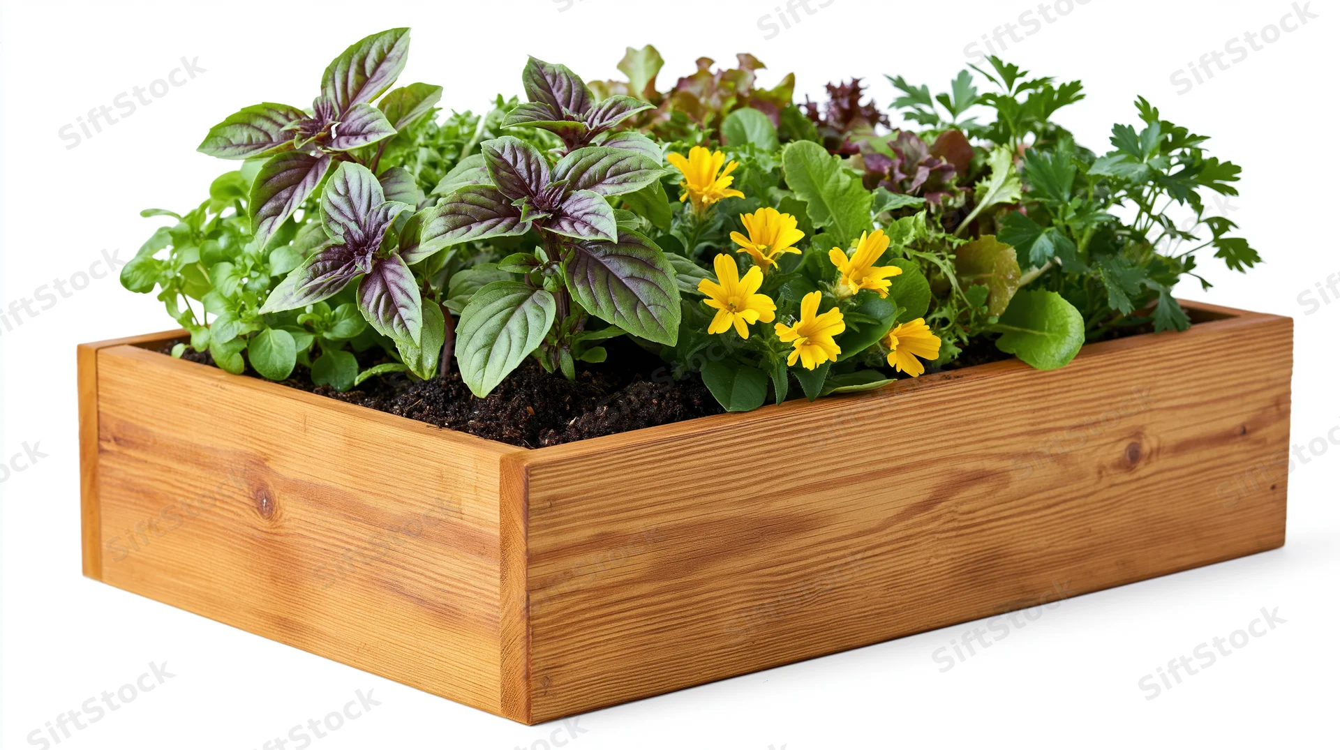 Rectangular wooden raised garden planter box filled with herbs and yellow flowers on white background