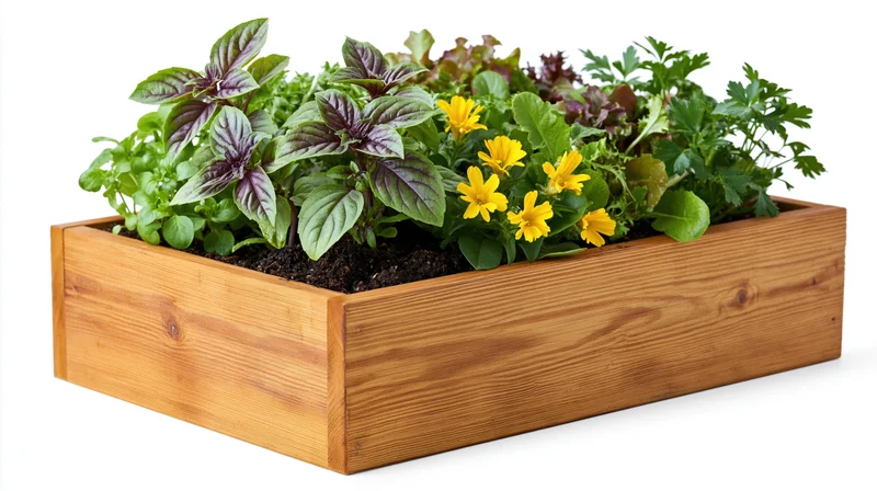 Rectangular wooden raised garden planter box filled with herbs and yellow flowers on white background
