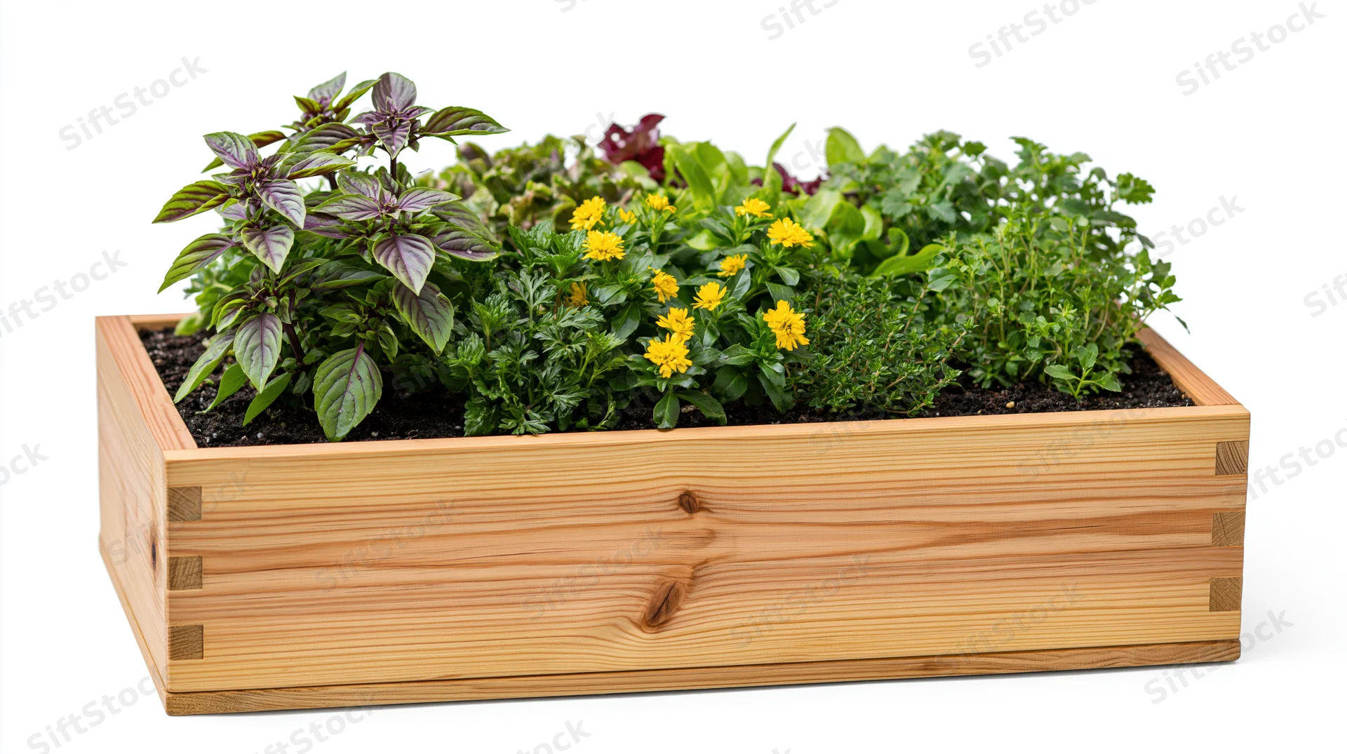 Rectangular wooden planter box filled with herbs and flowers on white background