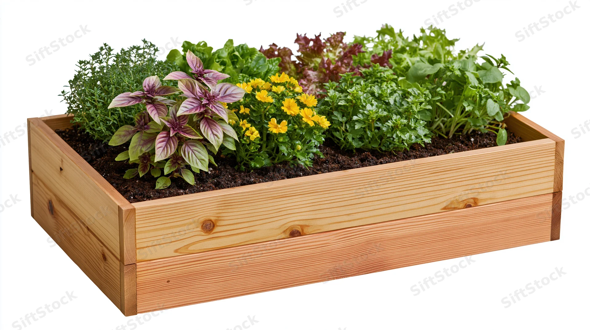 Rectangular wooden raised garden planter box filled with herbs and flowers on white background