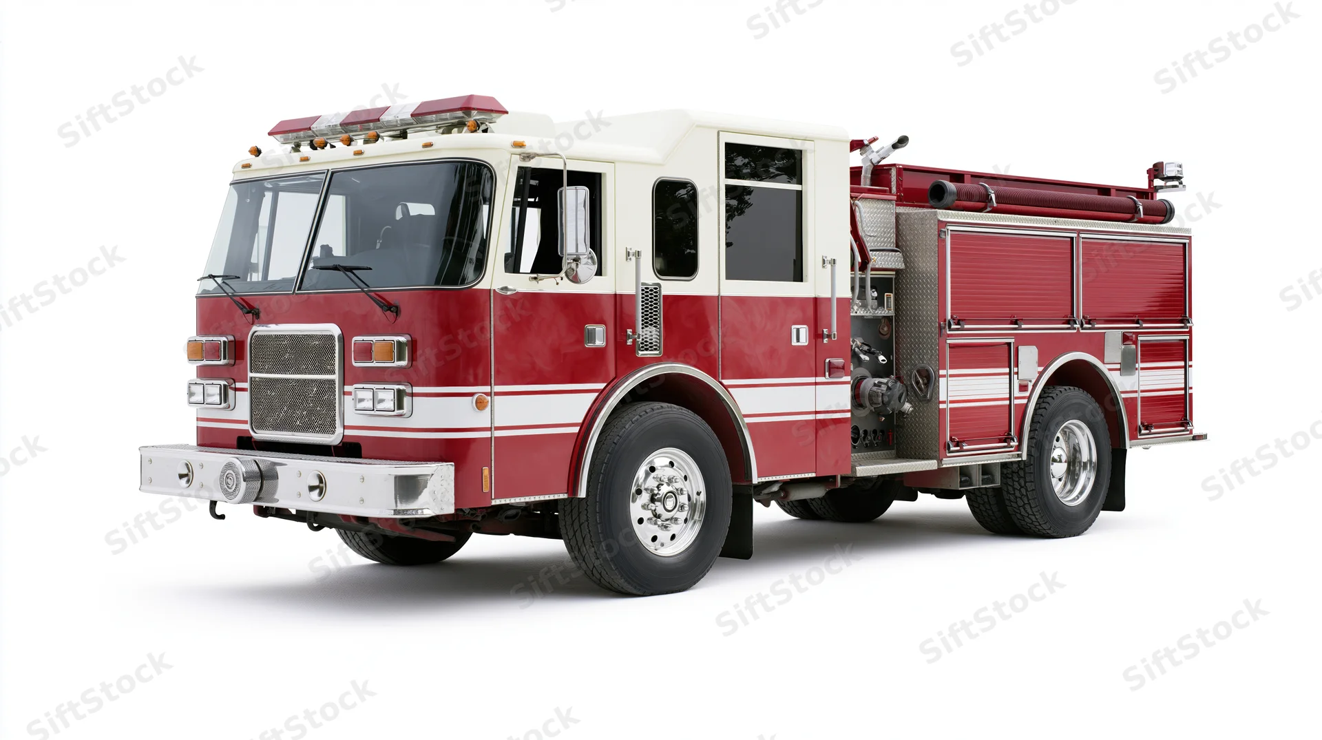 Red and white american fire engine pumper truck parked on white background