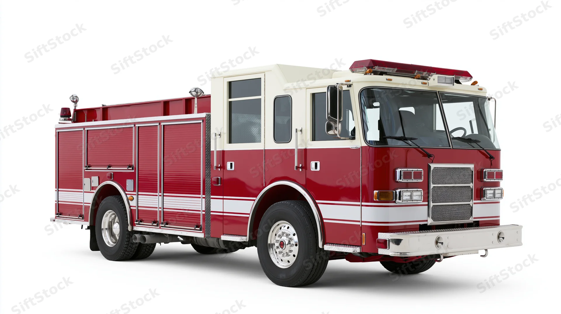 Red and white american fire engine pumper truck parked on white background