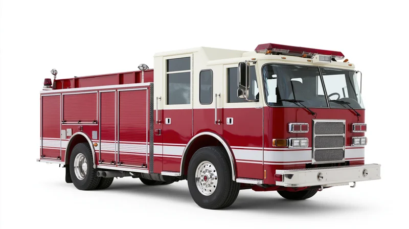 Red and white american fire engine pumper truck parked on white background