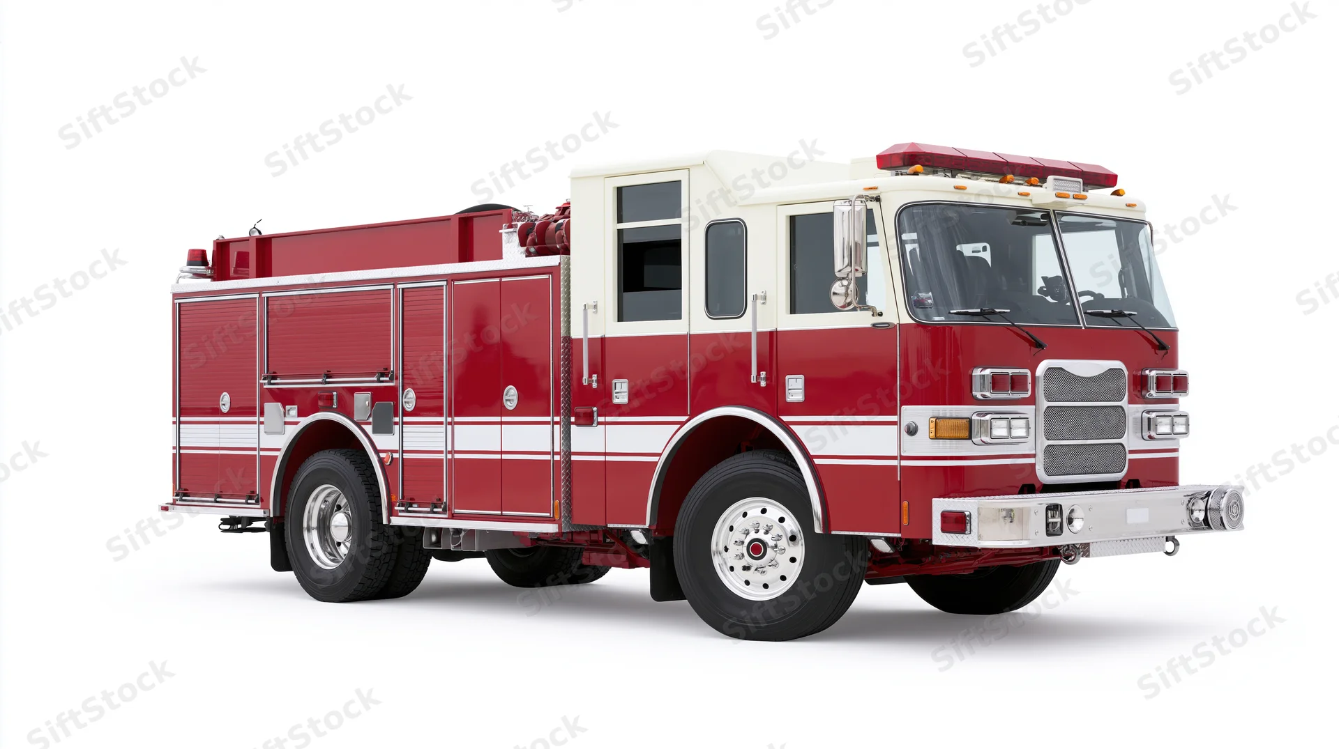 Red and white american fire engine pumper truck parked on white background