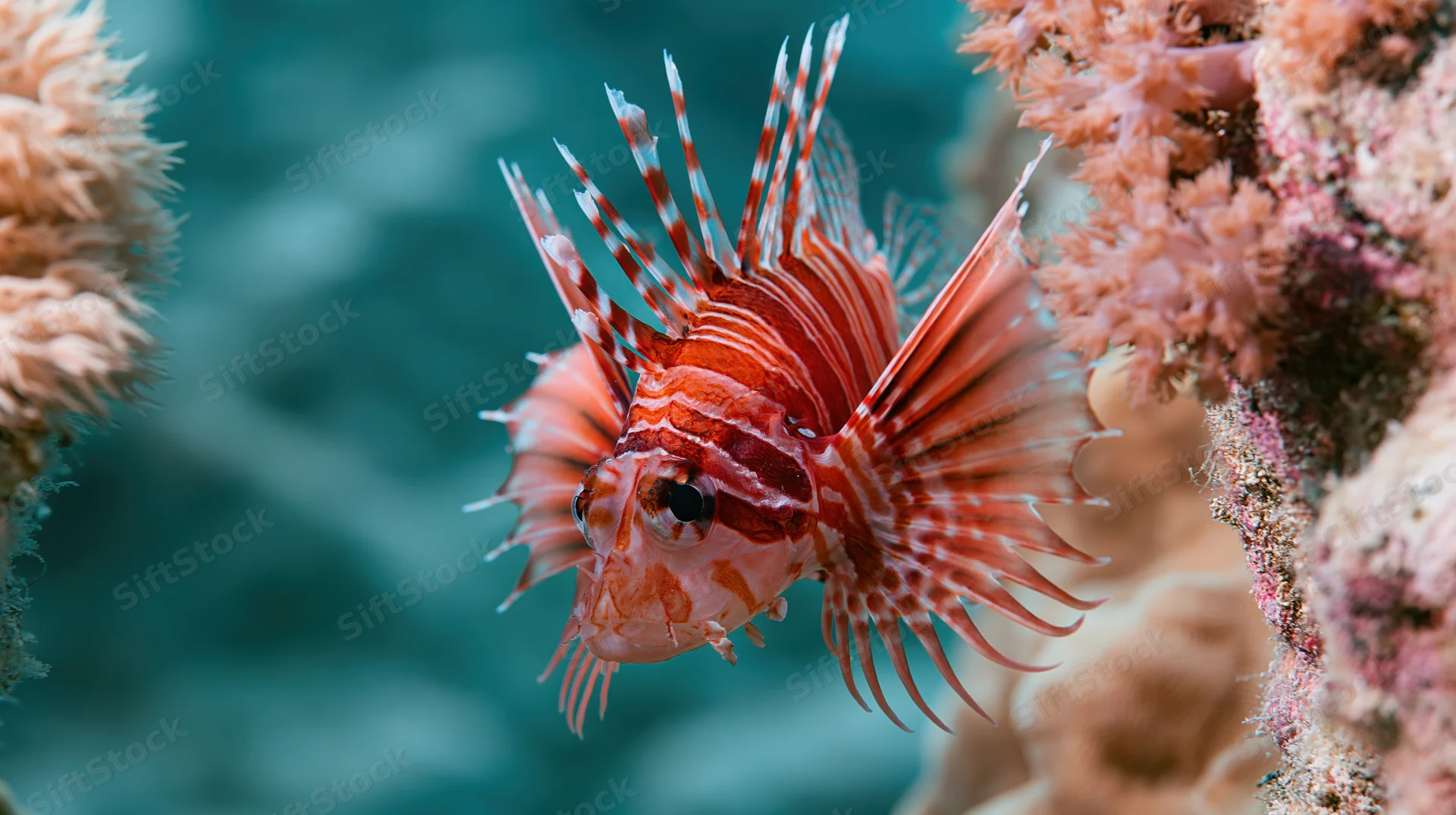 Red and white striped lionfish swimming near coral reef in underwater habitat