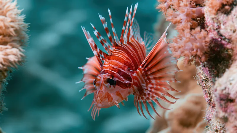 Red and white striped lionfish swimming near coral reef in underwater habitat