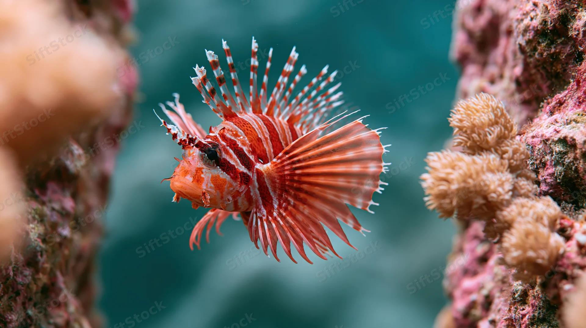 Red and white striped lionfish swimming between coral formations in underwater reef environment