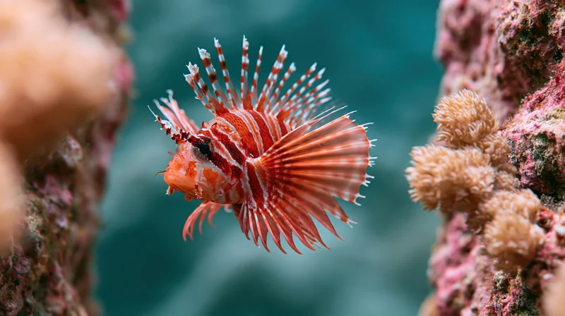 Red and white striped lionfish swimming between coral formations in underwater reef environment