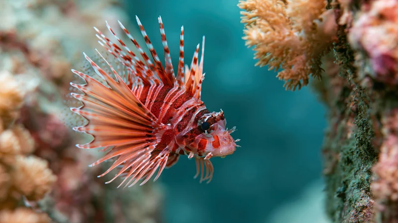 Red and white striped lionfish swimming near coral reef in clear ocean water