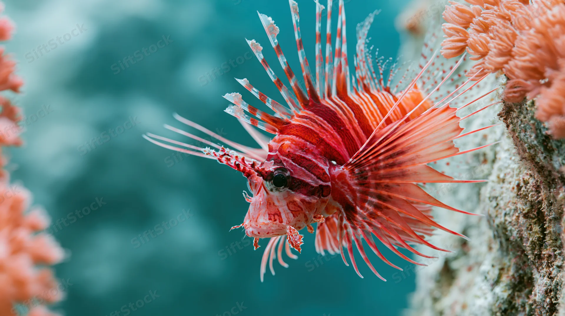 Red and white striped lionfish hovering beside coral reef in clear ocean water
