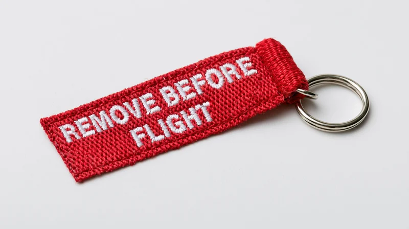 Red embroidered keychain tag reading remove before flight with metal ring on white background