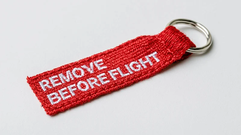 Red embroidered fabric keychain tag reading remove before flight with metal ring on white background