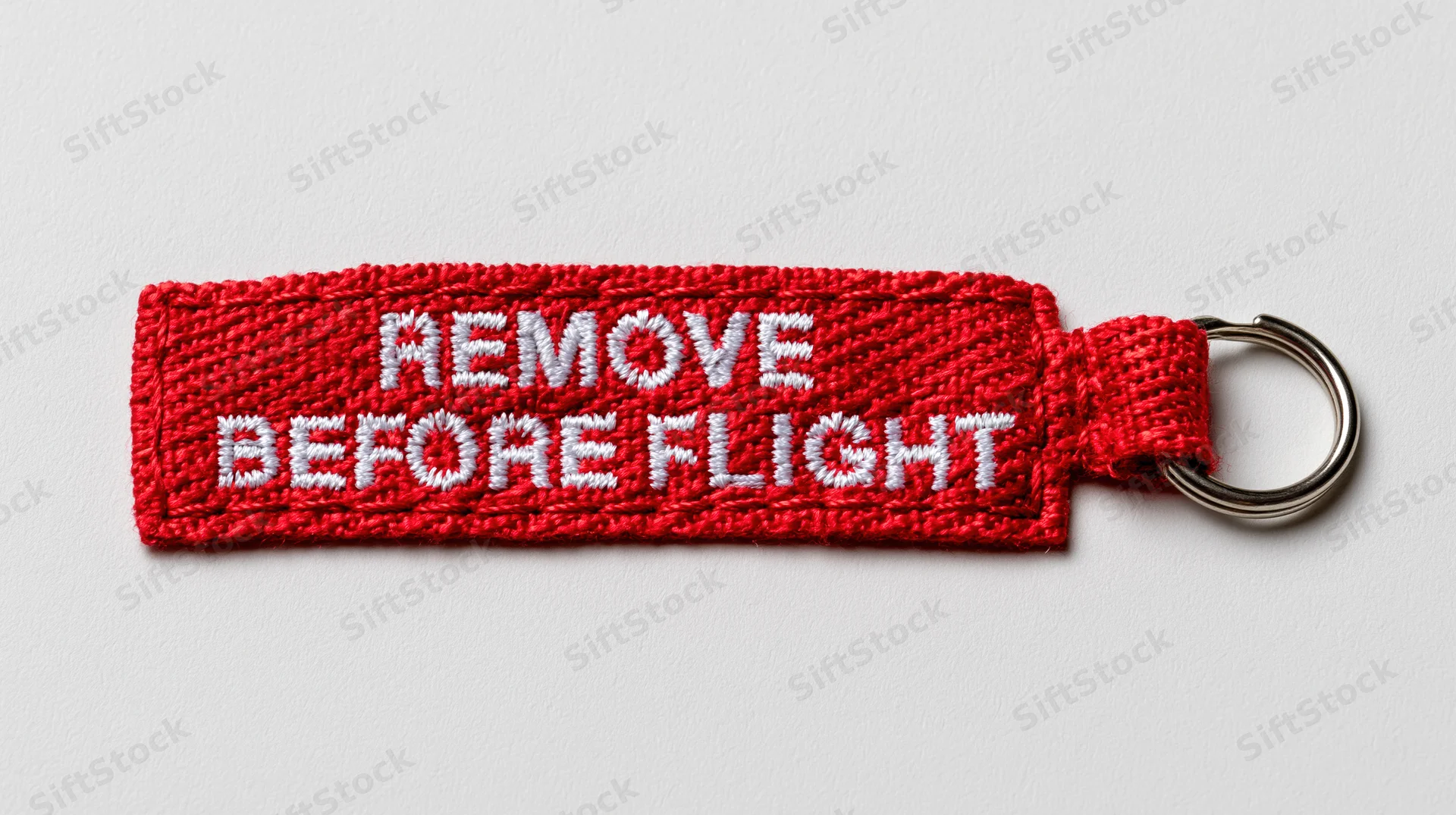 Red embroidered fabric keychain tag reading remove before flight with metal ring on white background
