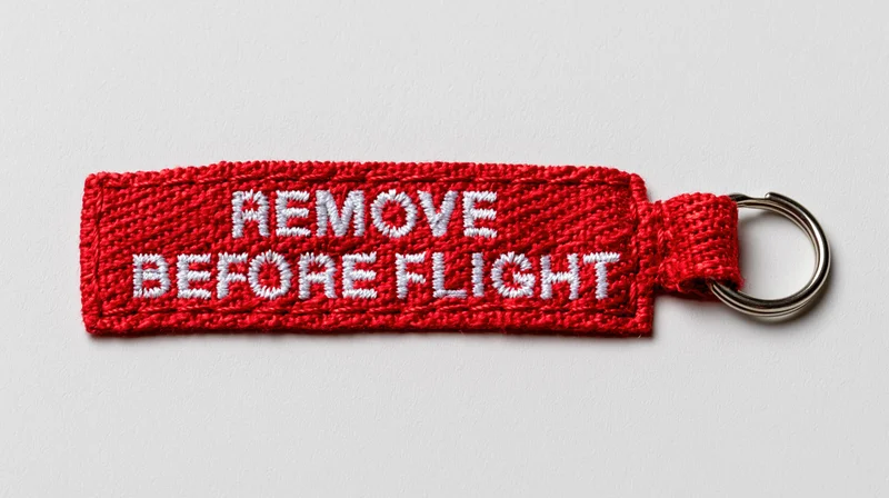 Red embroidered fabric keychain tag reading remove before flight with metal ring on white background