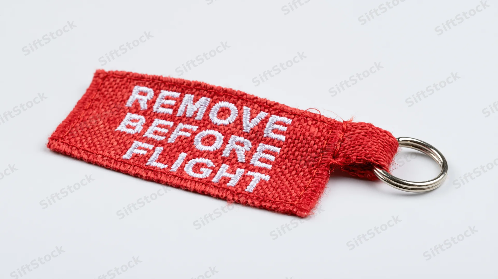 Red embroidered fabric keychain tag reading remove before flight with metal ring on white background