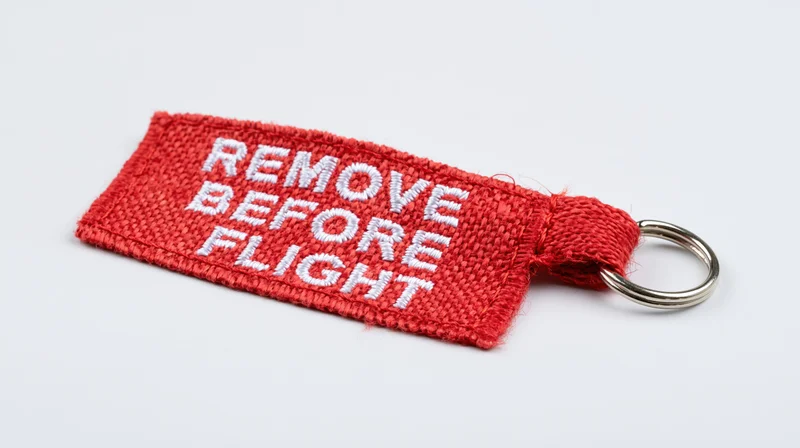 Red embroidered fabric keychain tag reading remove before flight with metal ring on white background