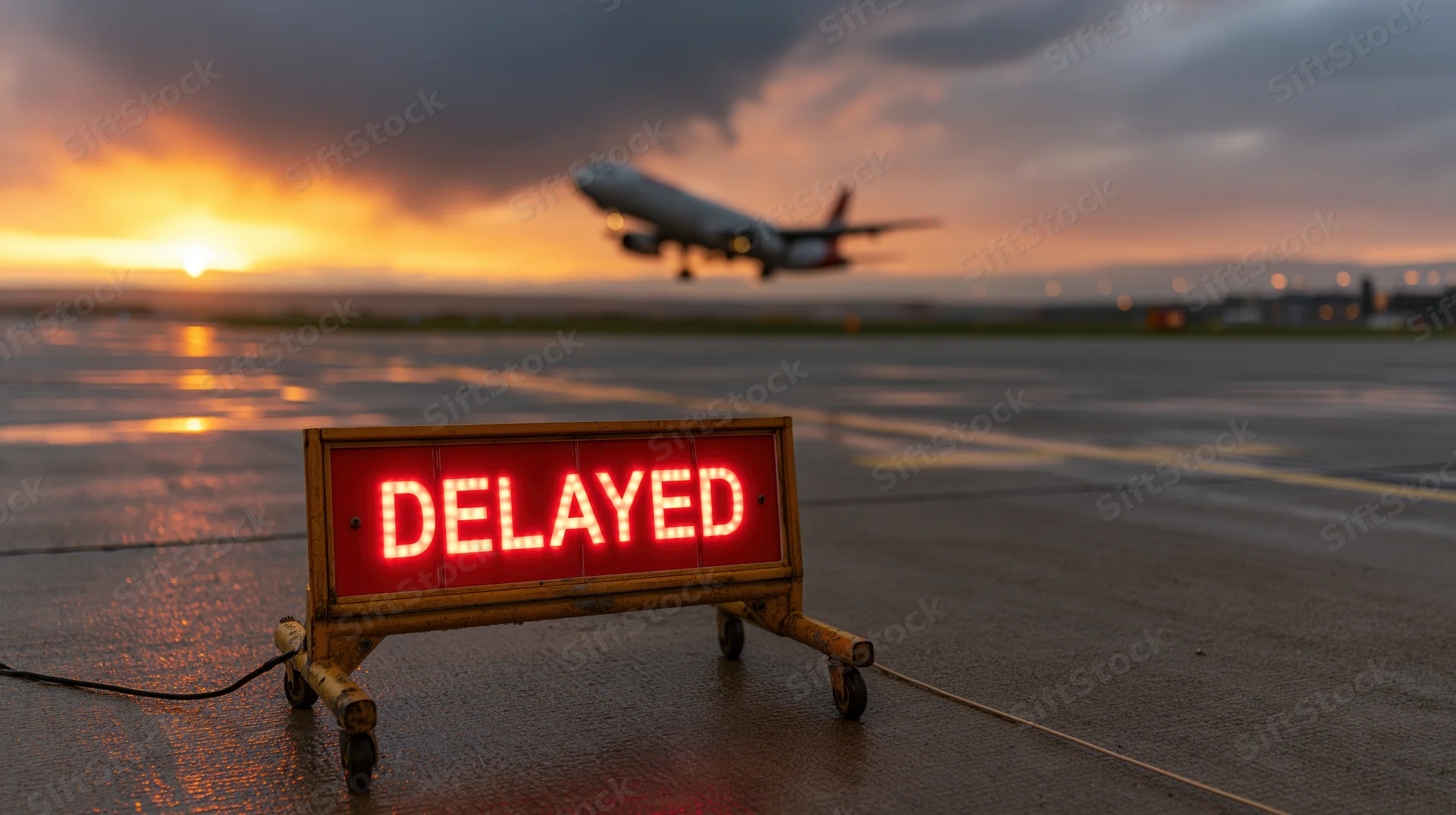 Red illuminated delayed sign on wet tarmac with airplane landing at sunset