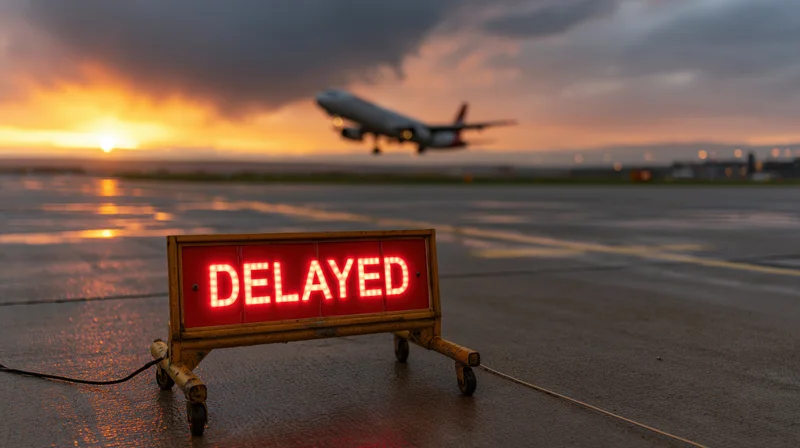 Red illuminated delayed sign on wet tarmac with airplane landing at sunset