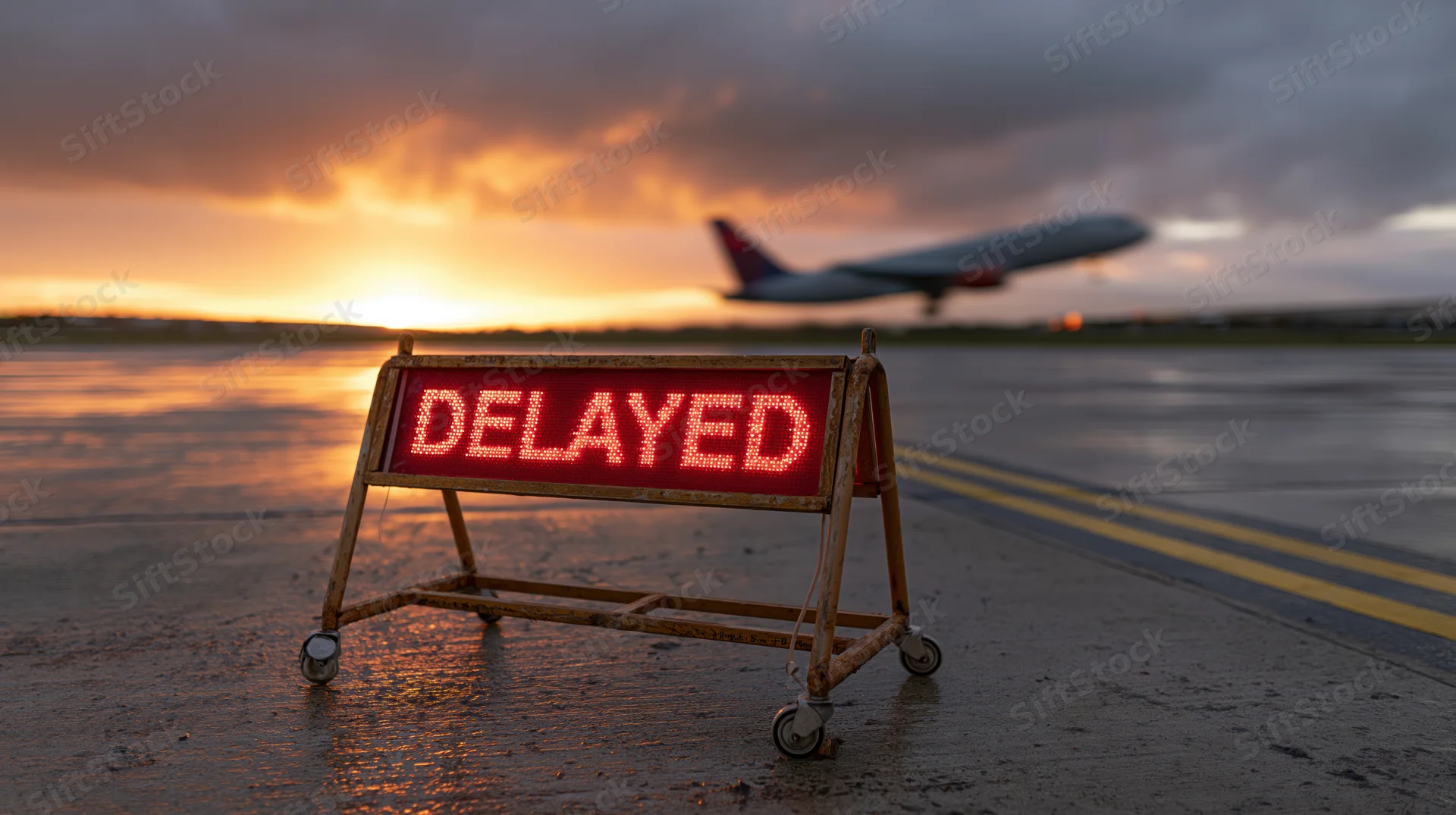 Red illuminated delayed sign on wheeled stand on wet airport tarmac with airplane in background at sunset