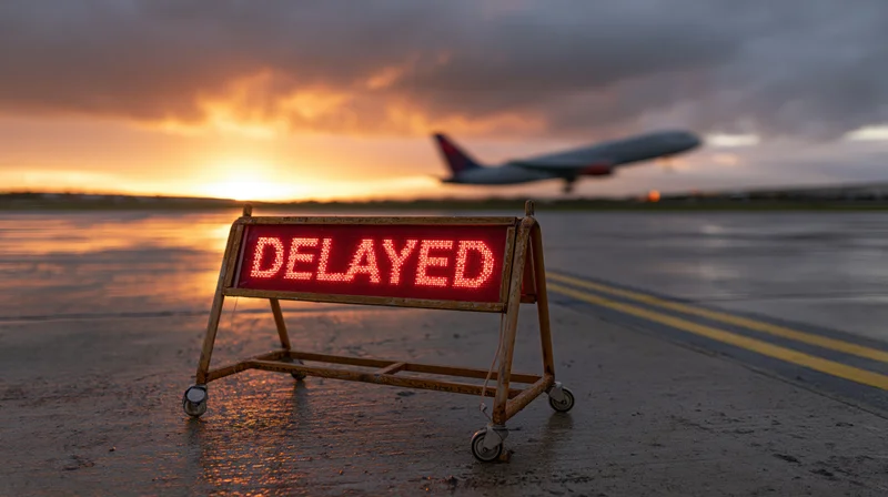 Red illuminated delayed sign on wheeled stand on wet airport tarmac with airplane in background at sunset