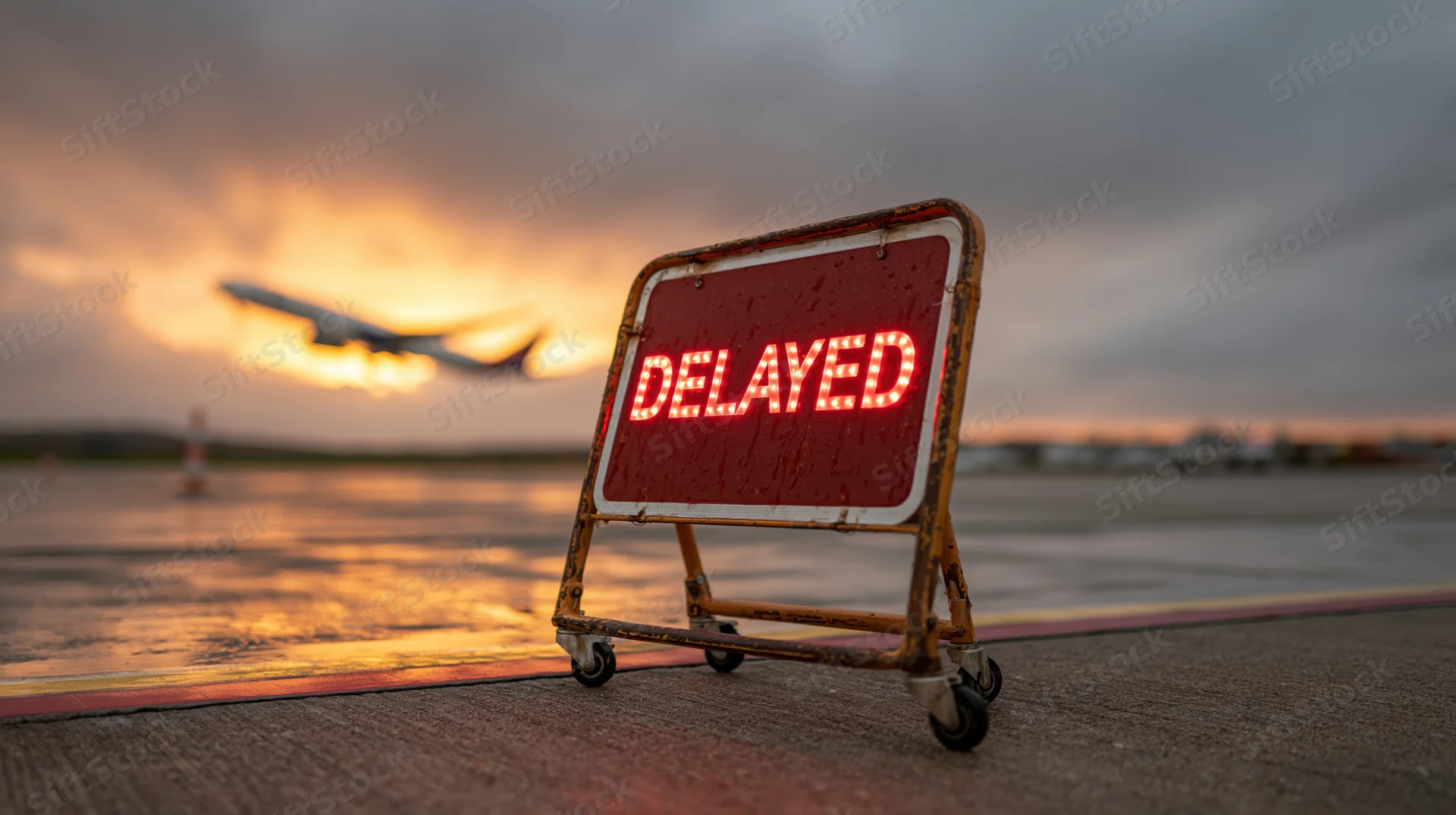 Red illuminated delayed sign on wheeled stand on wet airport tarmac with airplane taking off at dusk