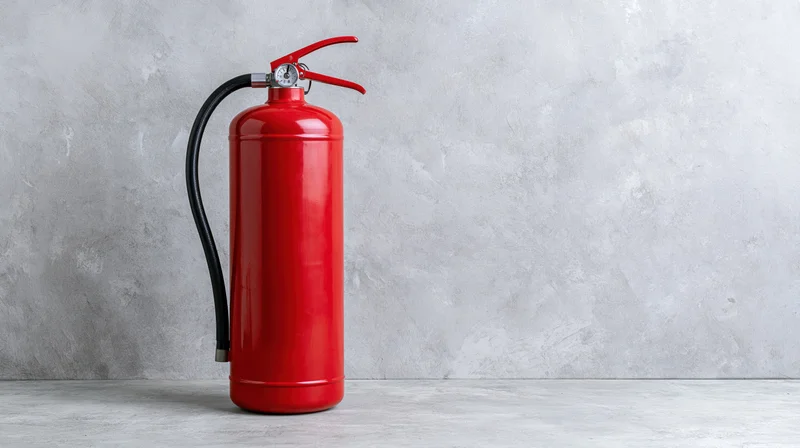 Red portable fire extinguisher standing upright on a concrete floor against a textured gray wall